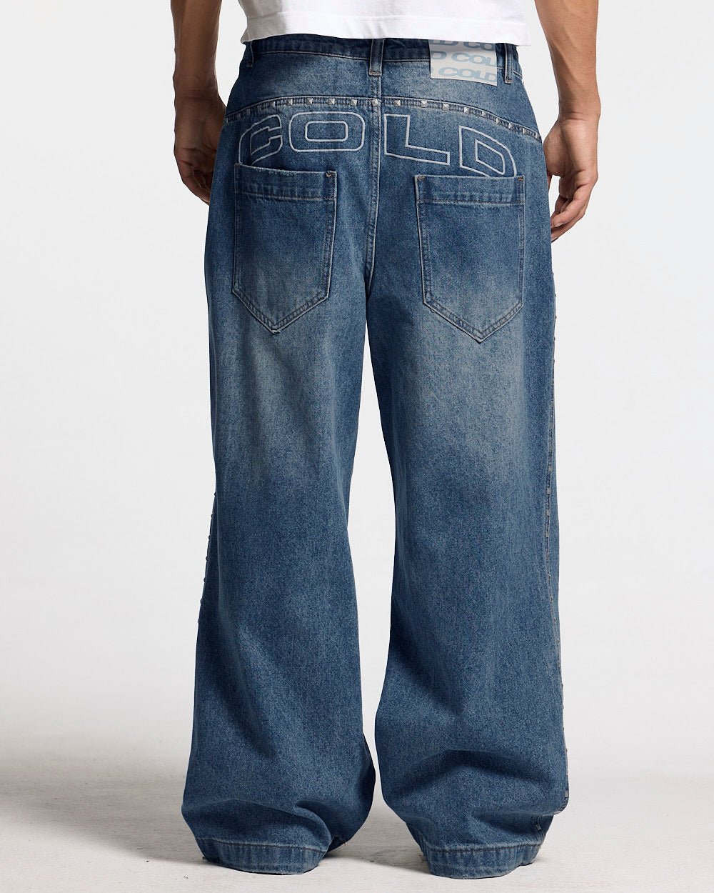2010 DENIM PANTS BLUE DENIM - blue washed baggy jeans, back view on male model - Cold Culture