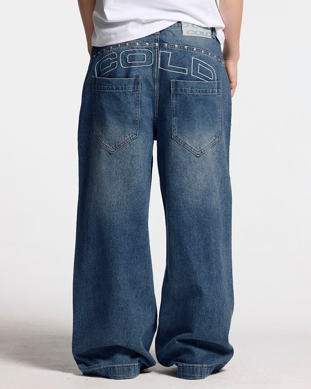 2010 DENIM PANTS BLUE DENIM - blue washed baggy jeans, back view on female model - Cold Culture #woman