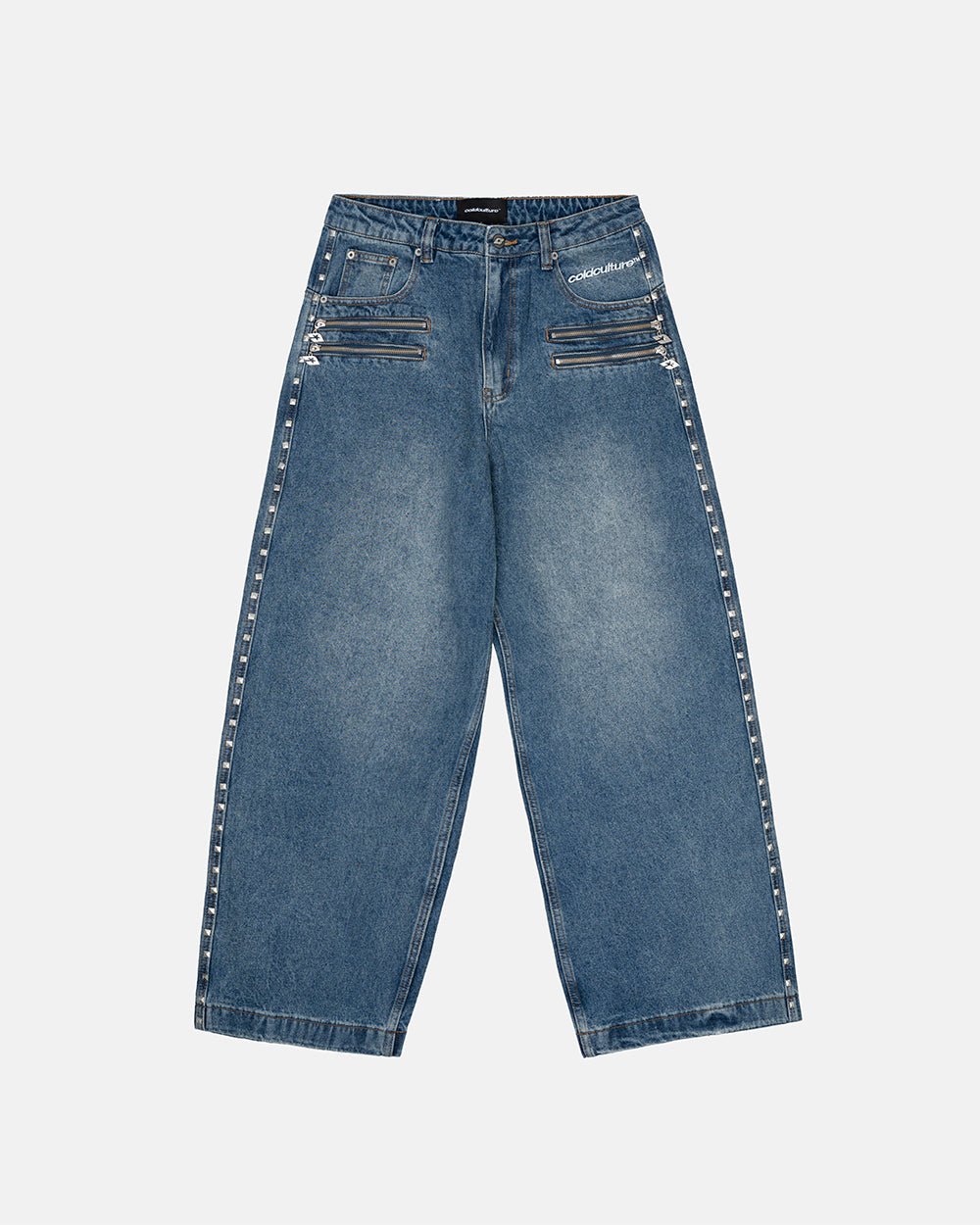 2010 DENIM PANTS BLUE DENIM - blue washed baggy jeans, front view - Cold Culture #packshot