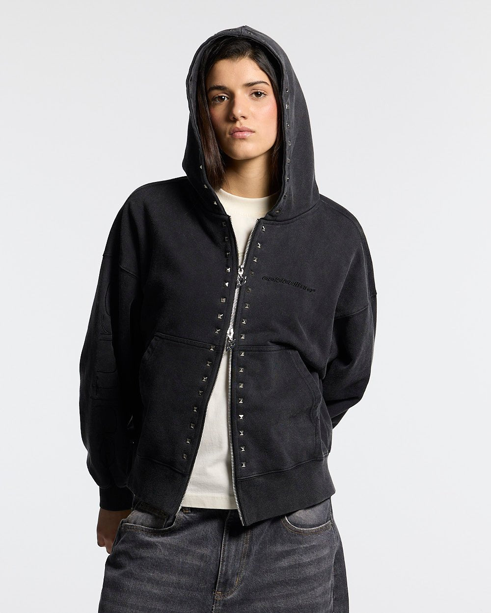 2010 ZIP HOODIE BLACK - black washed zip-up hoodie, front view on female model - Cold Culture #woman