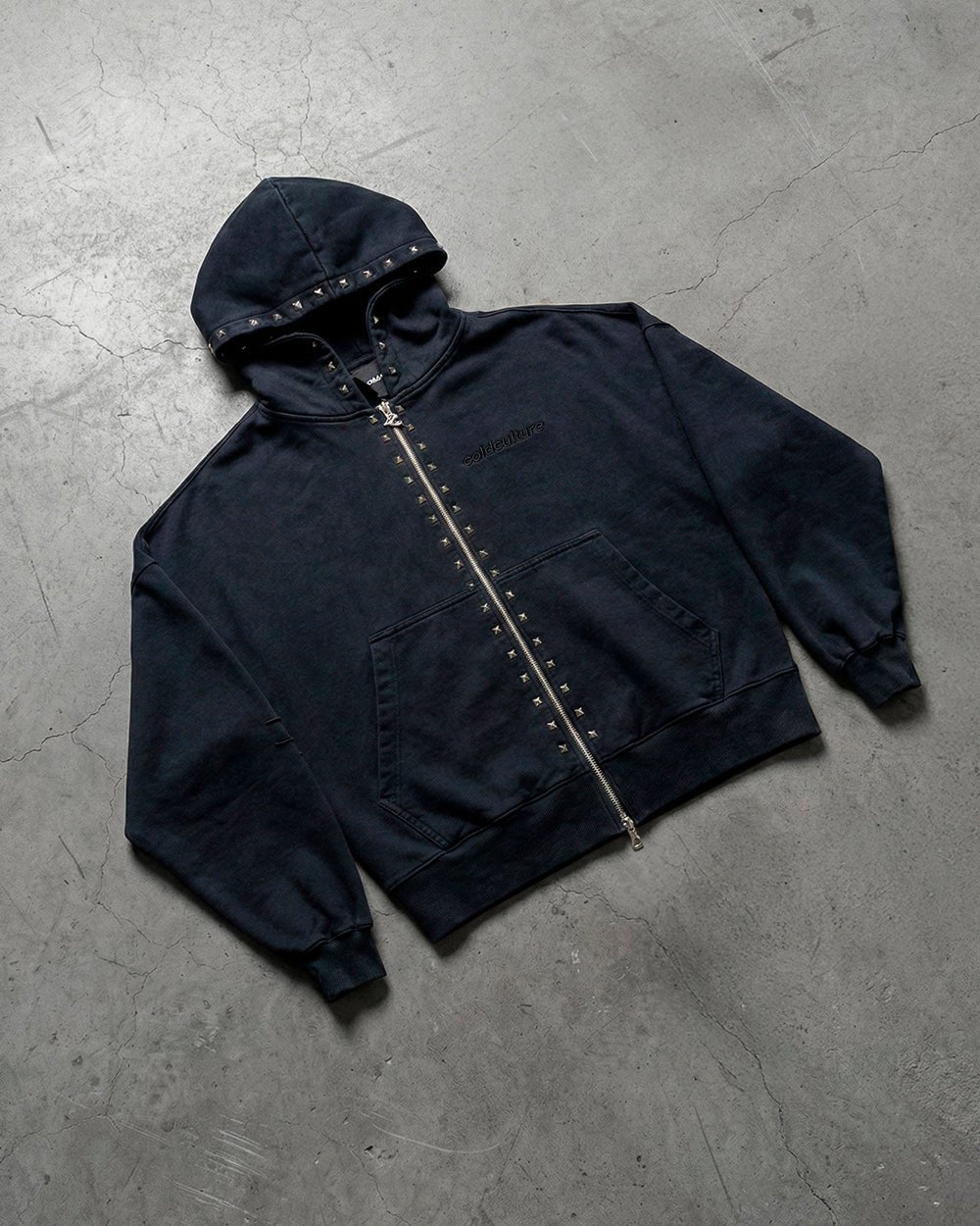 2010 ZIP HOODIE BLACK - black washed zip-up hoodie, flat lay - Cold Culture