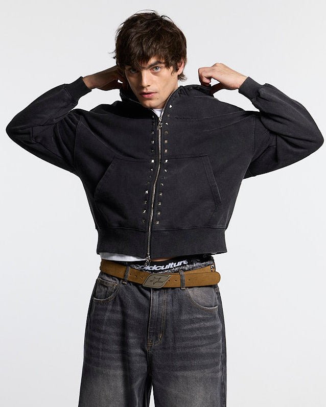 2010 ZIP HOODIE BLACK - black washed zip-up hoodie, front view on male model - Cold Culture #man