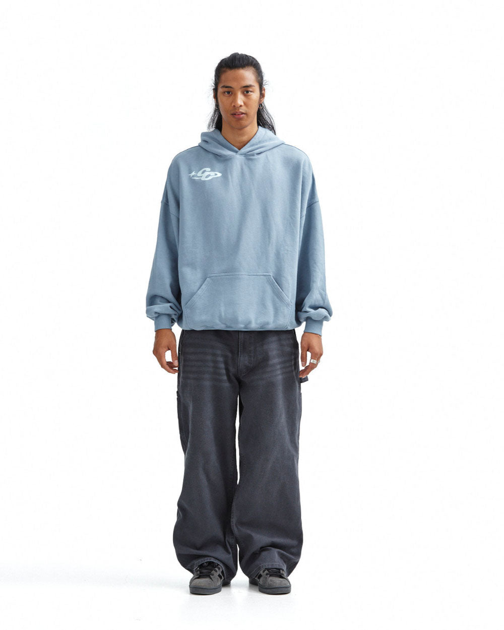 4THE WORLD HOODIE SHADY BLUE - dusty blue oversized hoodie, front view on male model - Cold Culture #man