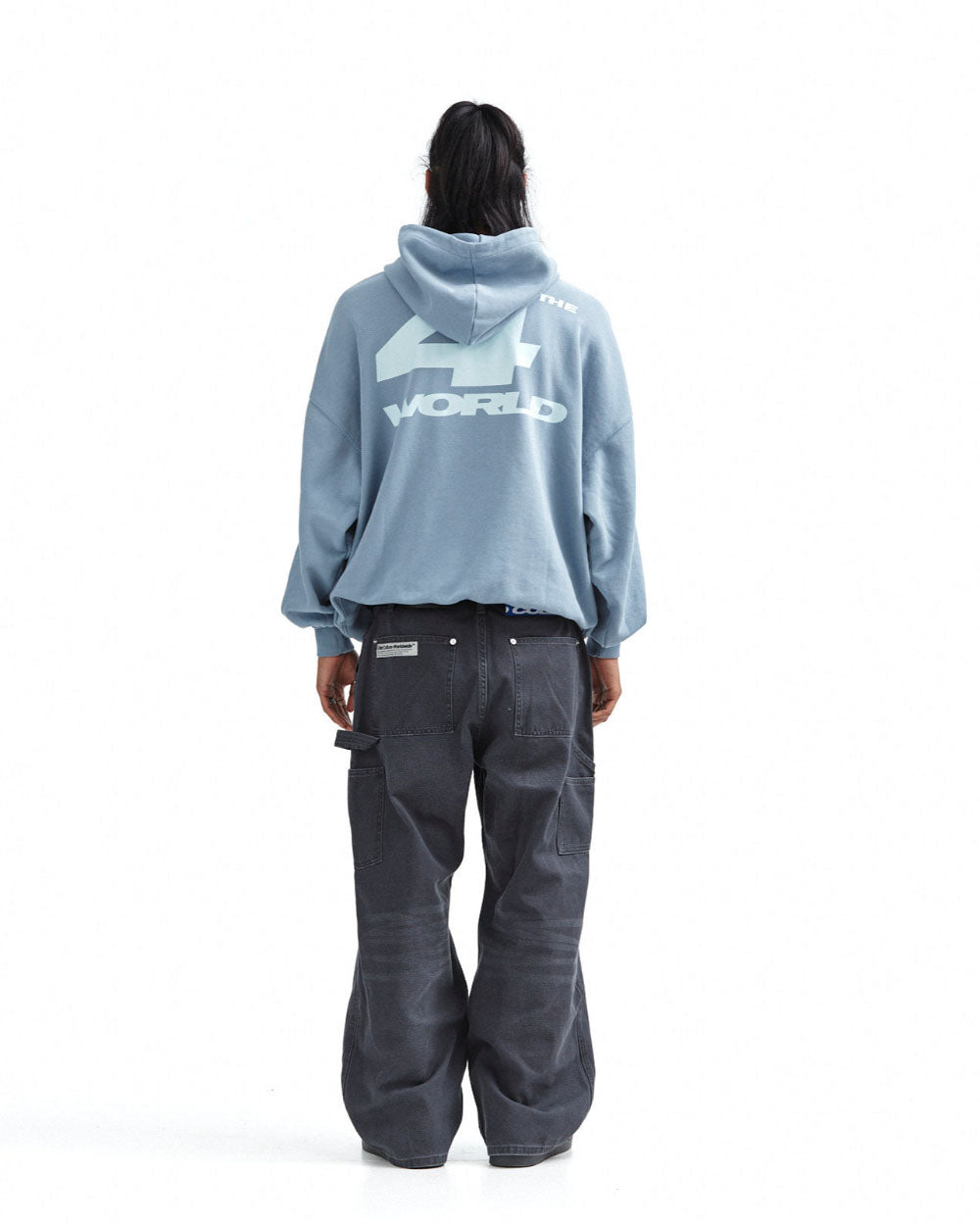 4THE WORLD HOODIE SHADY BLUE - dusty blue oversized hoodie, back view on male model - Cold Culture #man