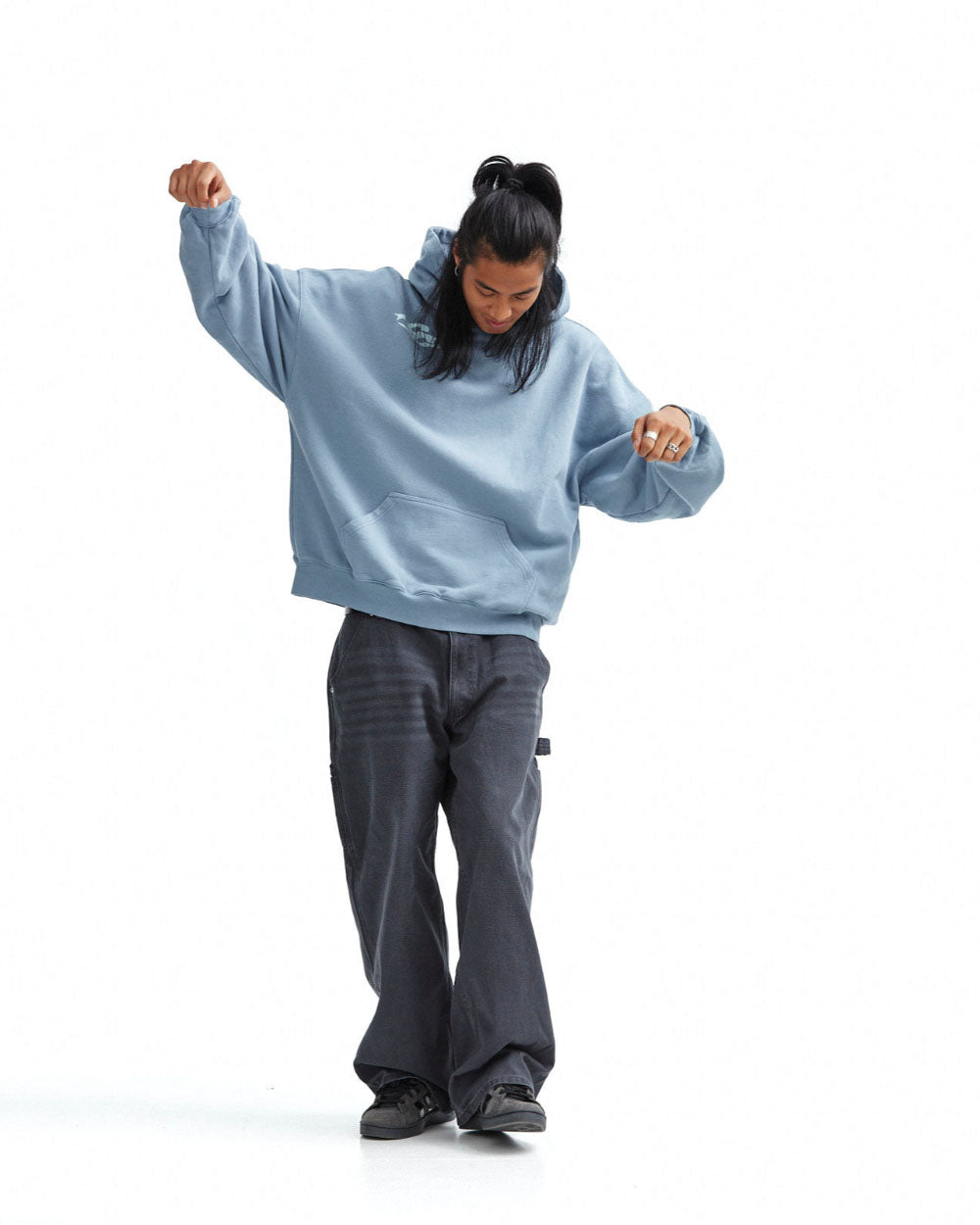4THE WORLD HOODIE SHADY BLUE - dusty blue oversized hoodie, front view on male model - Cold Culture #man
