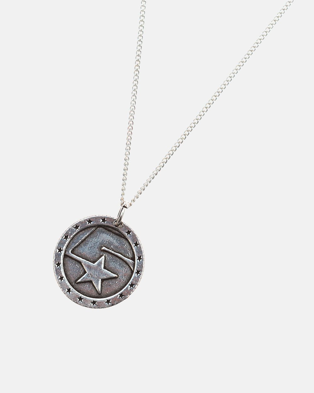 5 STARS NECKLACE - silver star medallion necklace, detail close-up - Cold Culture