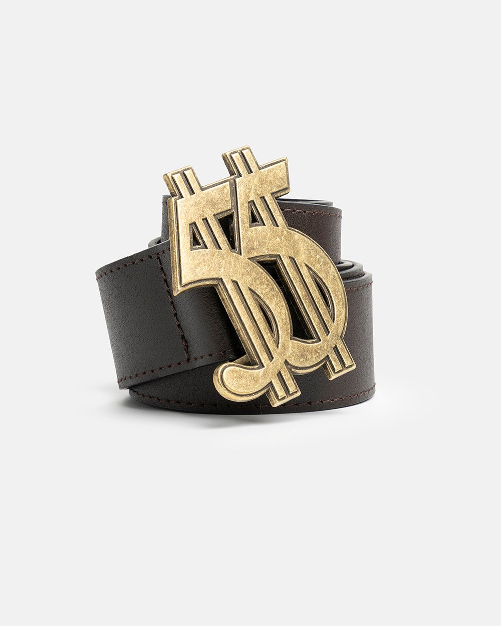55 DOLLAR BELT BROWN - brown leather belt with dollar buckle, front view - Cold Culture #packshot