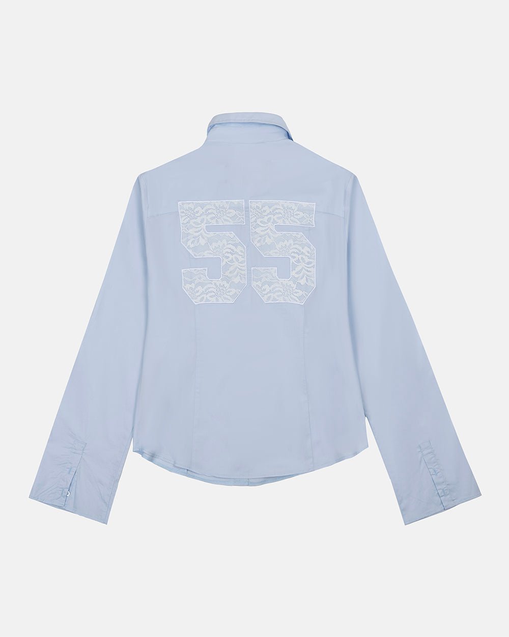 55 LACE SHIRT BABY BLUE - baby blue lace shirt, back view - Cold Culture #packshot