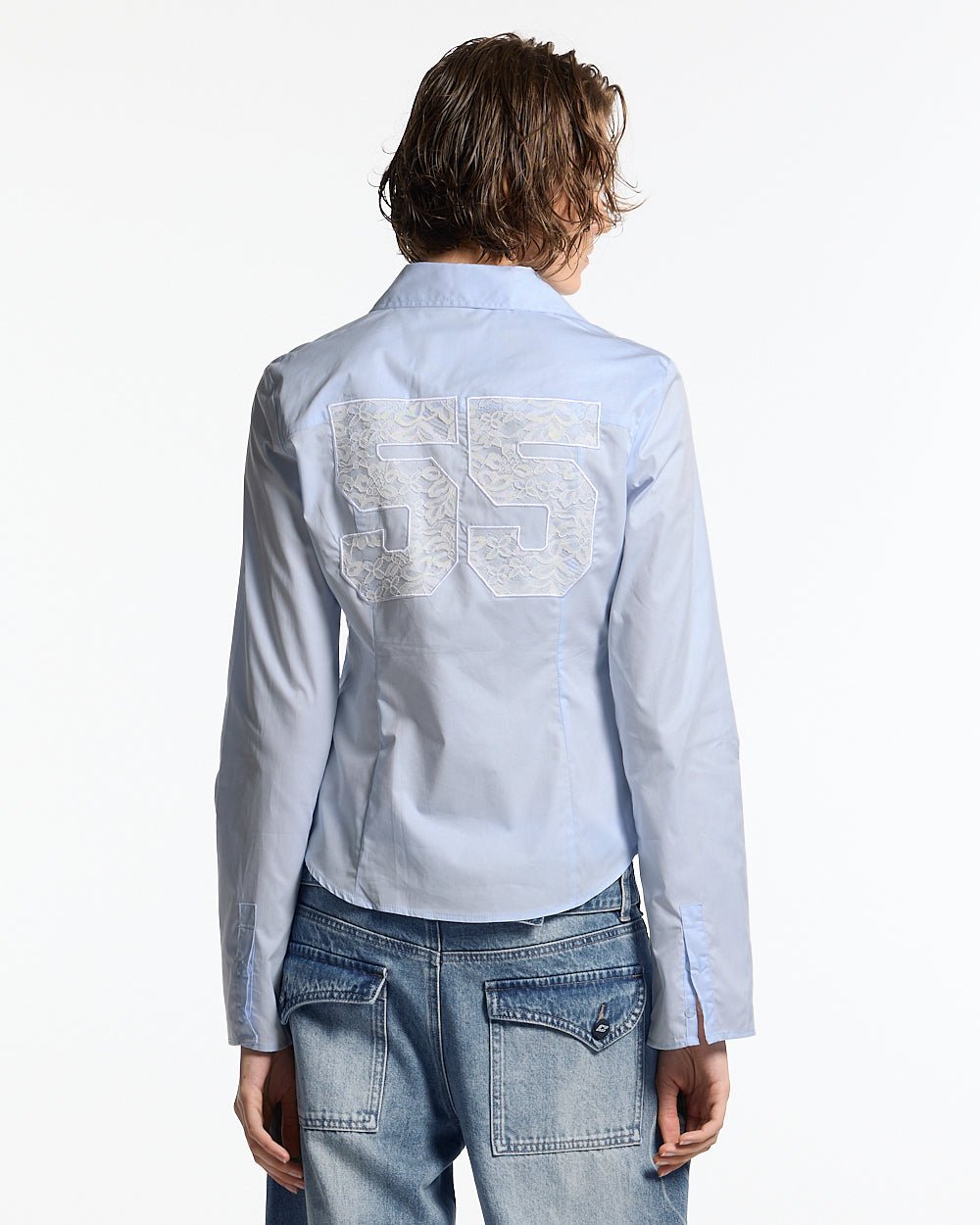 55 LACE SHIRT BABY BLUE - baby blue lace shirt, back view on female model - Cold Culture #woman