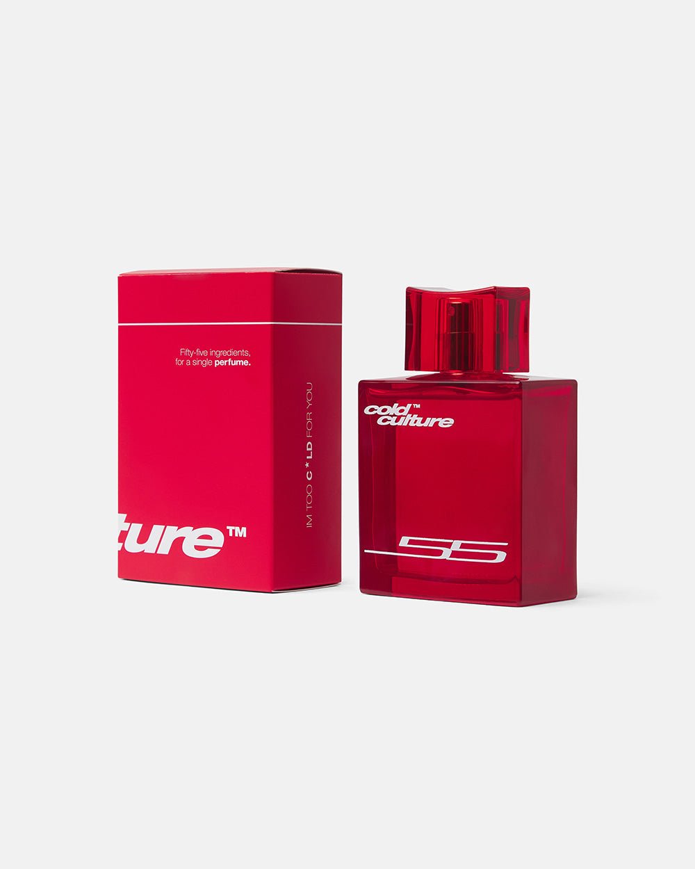 55 PARFUM - red perfume bottle, front view - Cold Culture #packshot