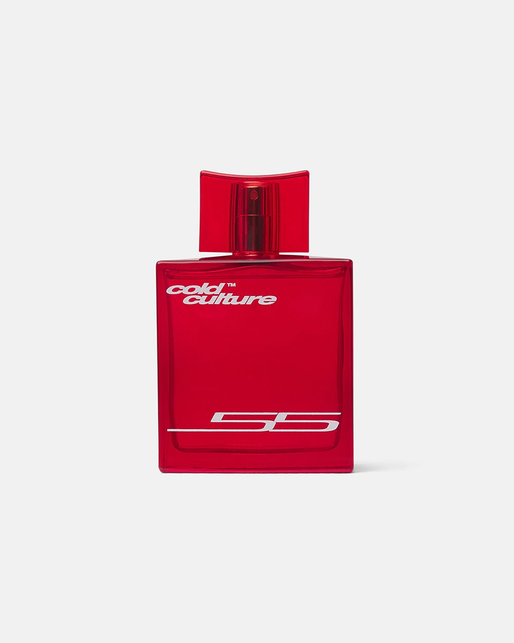 55 PARFUM - red perfume bottle, front view - Cold Culture #packshot