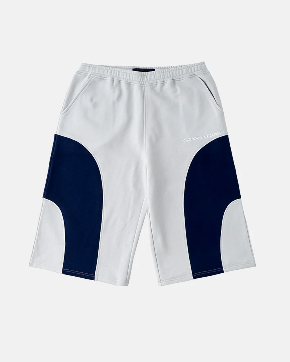 55 SWEAT SHORTS LIGHT GREY - light grey colorblock sweat shorts, front view - Cold Culture #packshot