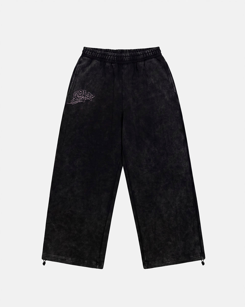 55 SWEATPANTS BLACK - washed black graphic sweatpants, front view - Cold Culture #packshot