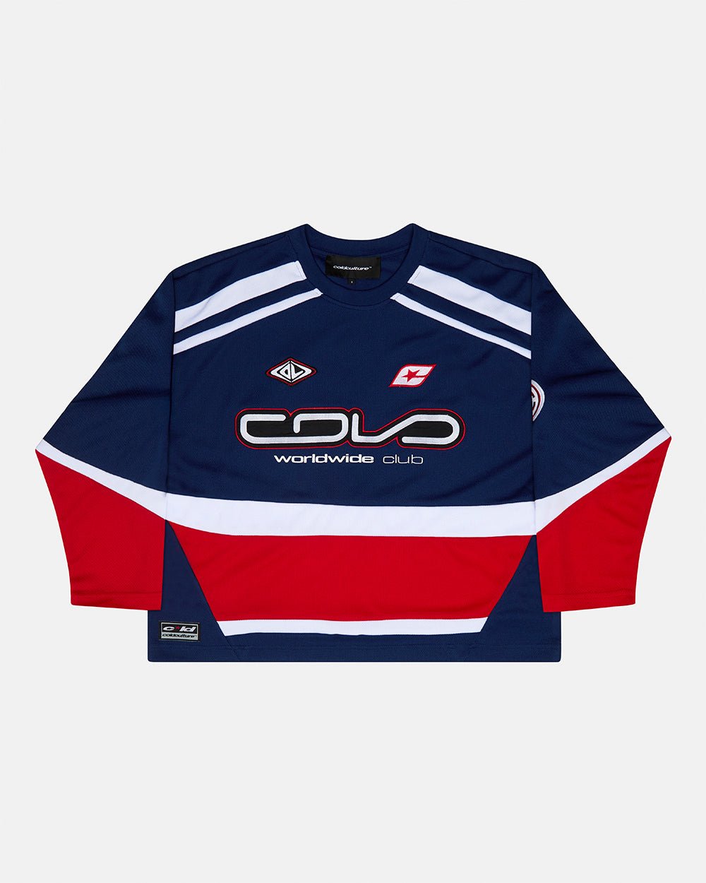 55 VIRAL LONGSLEEVE BLUE - navy and red longsleeve jersey, front view - Cold Culture #packshot