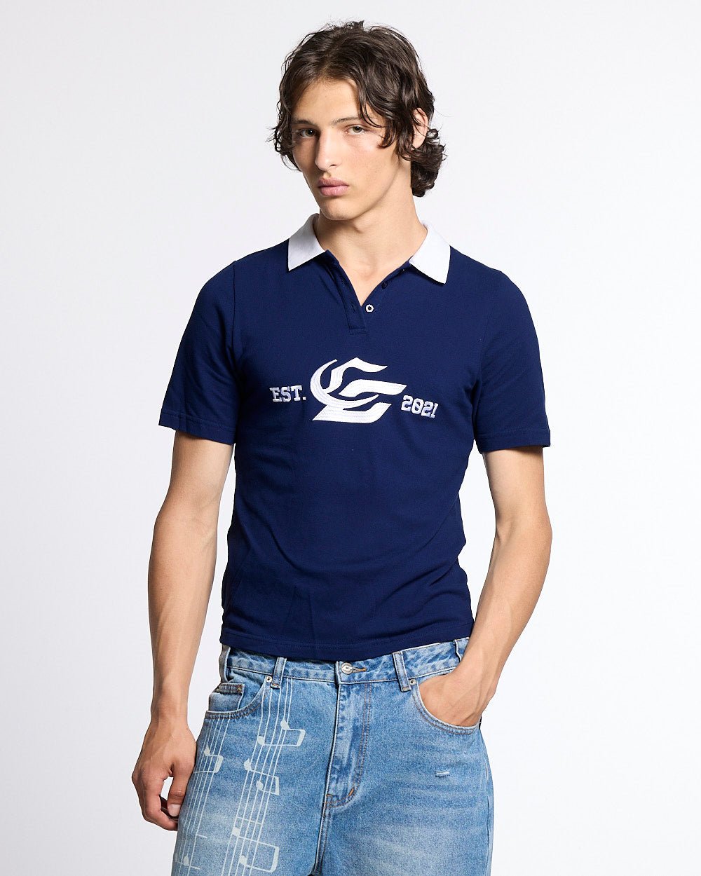 5th AURA SLIM POLO DARK BLUE - dark blue slim fit polo shirt, front view on male model - Cold Culture #man