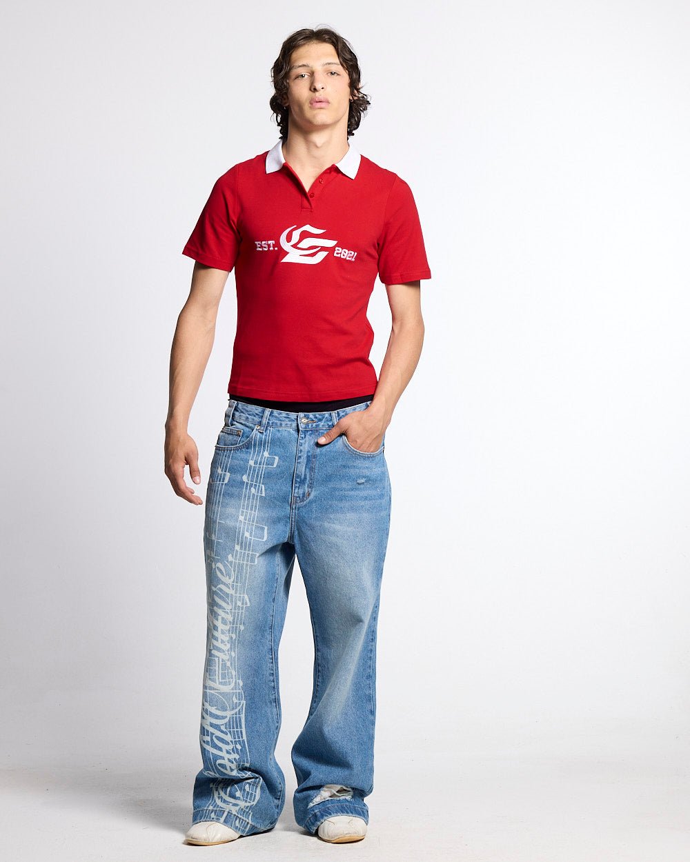 5th AURA SLIM POLO RED - red slim fit polo shirt, front view on male model - Cold Culture #man