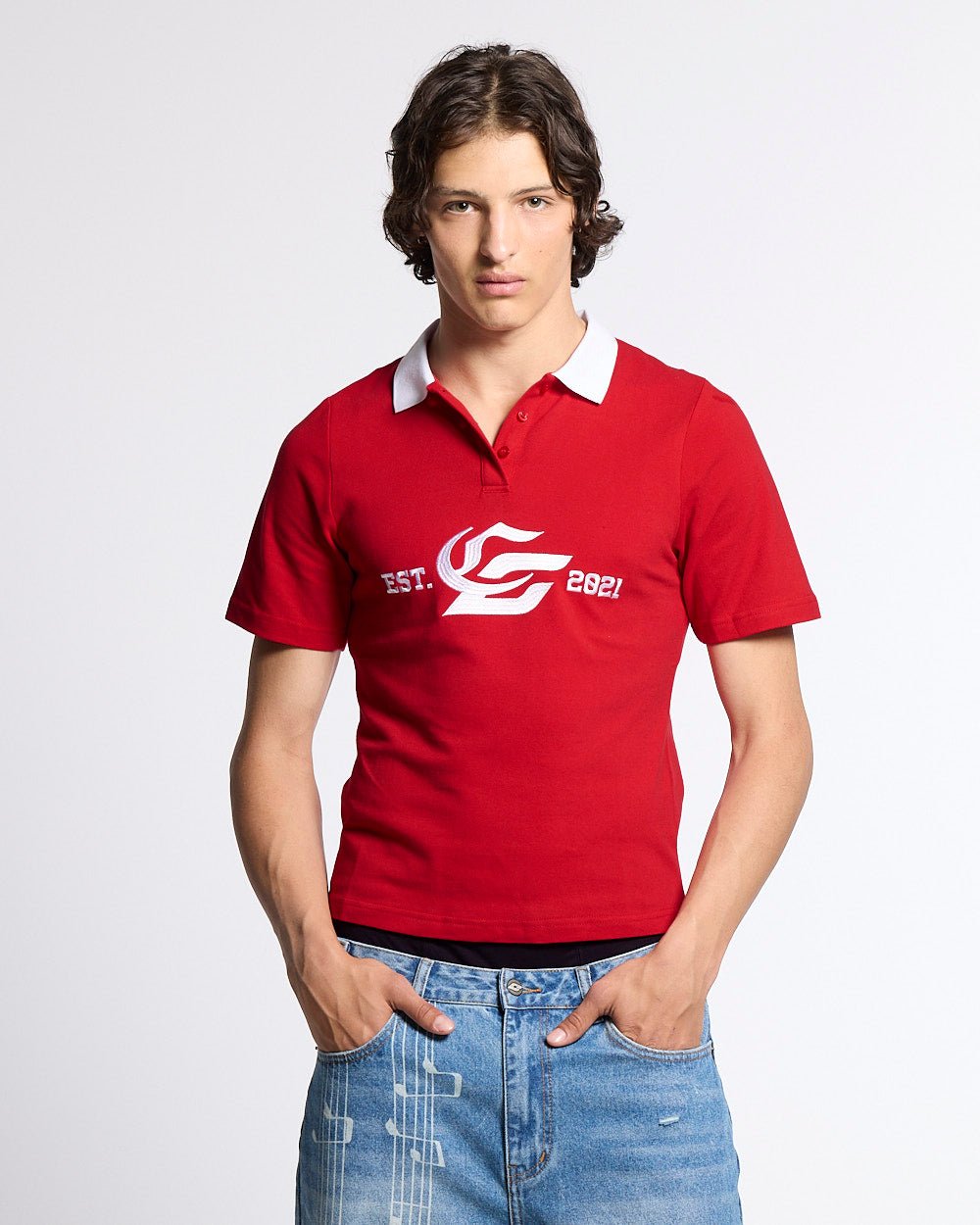 5th AURA SLIM POLO RED - red slim fit polo shirt, front view on male model - Cold Culture #man