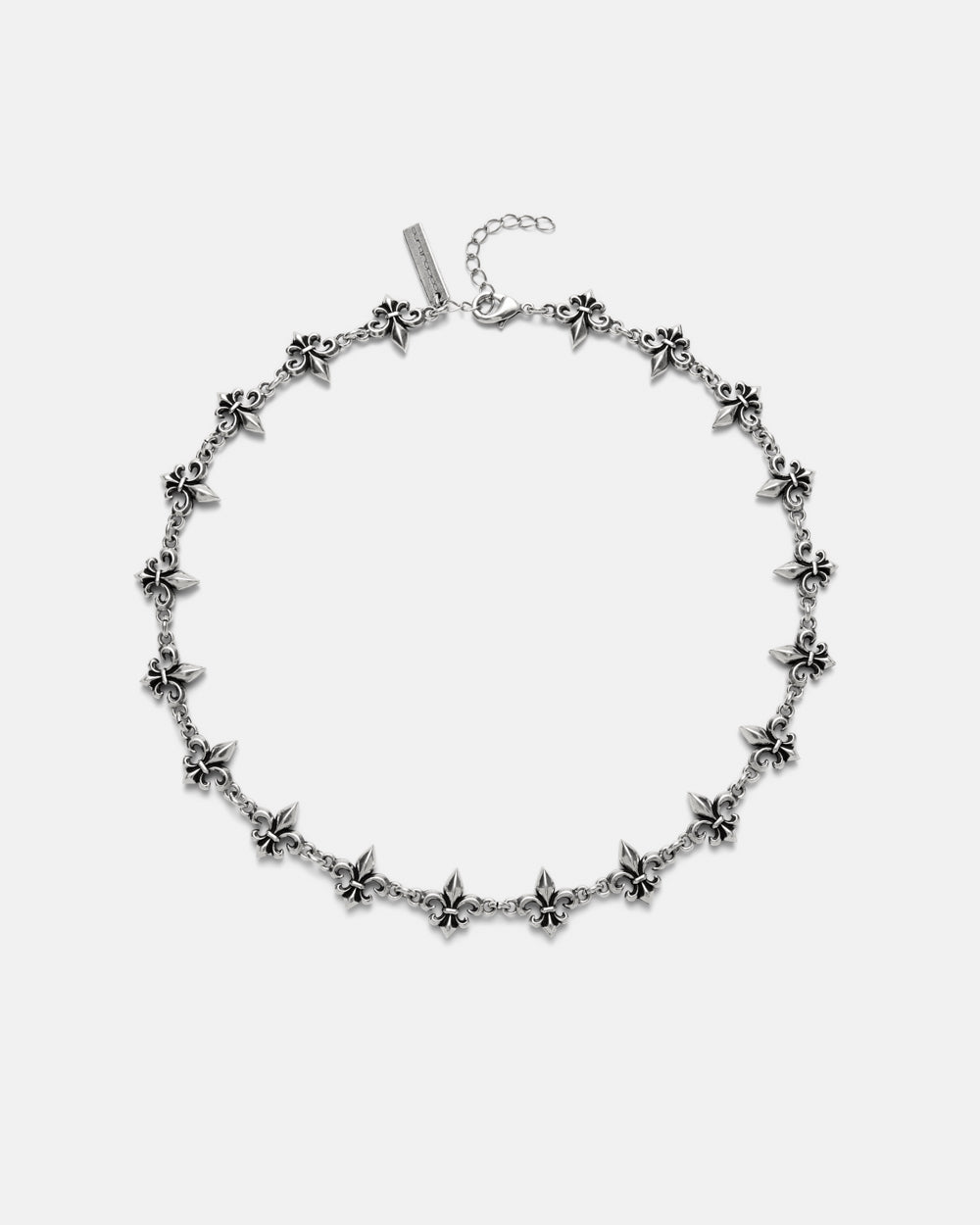 LOOSE ICON NECKLACE SILVER - silver fleur-de-lis chain necklace, front view - Cold Culture #packshot