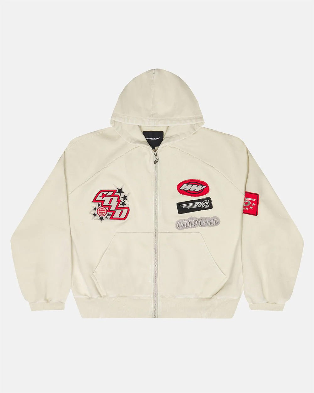 WALKER ZIP HOODIE LIGHT GREY - cream zip-up hoodie with patches, front view - Cold Culture #packshot