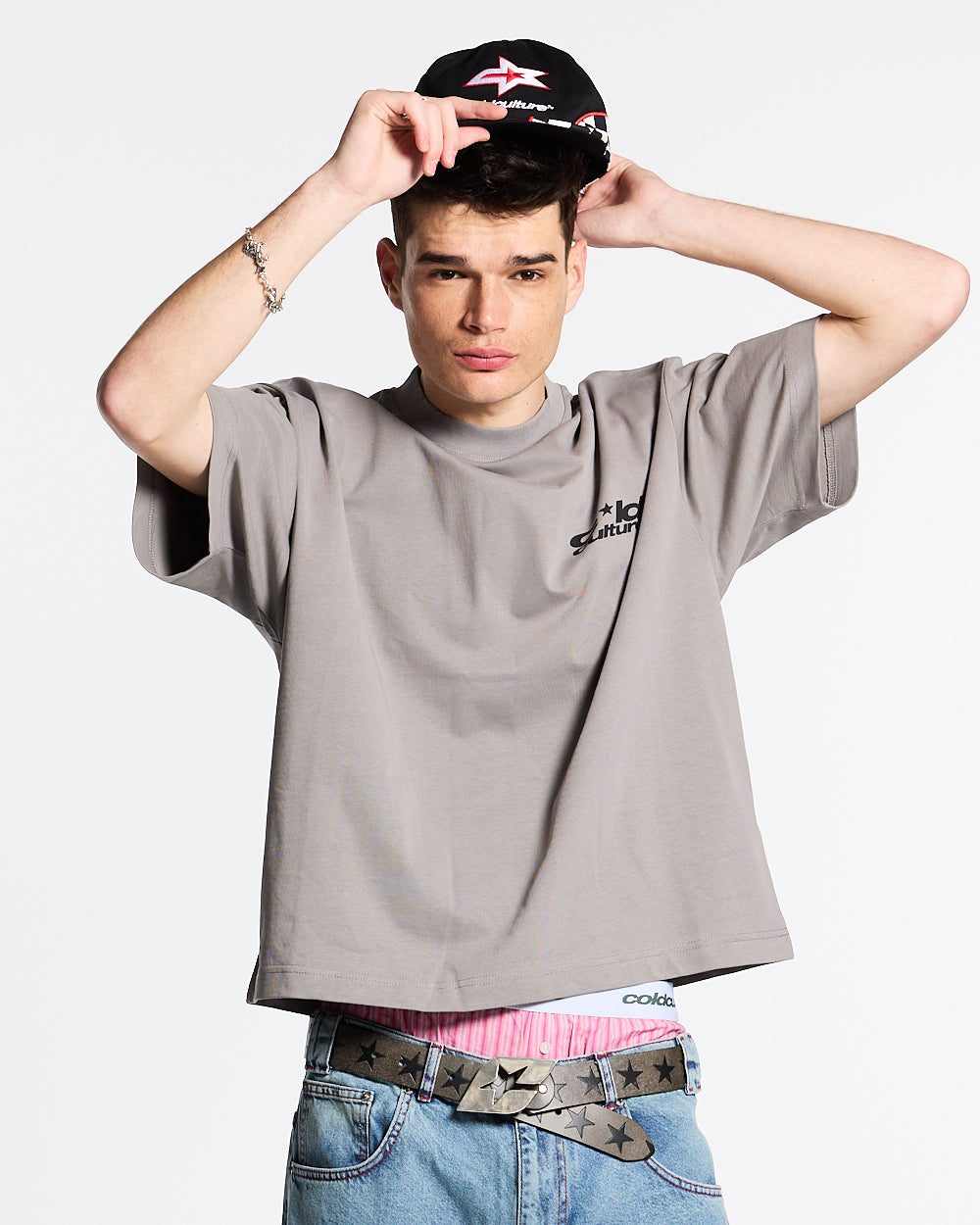 HEART ASHTRAY TEE FROST GREY - grey graphic print tee, front view on male model - Cold Culture #man