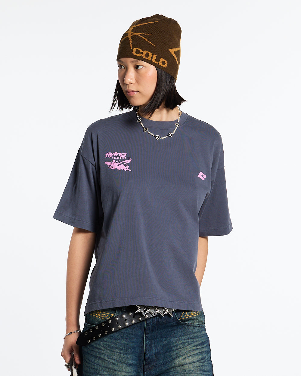 FLYING HOME TEE INDIA INK - dark navy graphic print tee, front view on female model - Cold Culture #woman