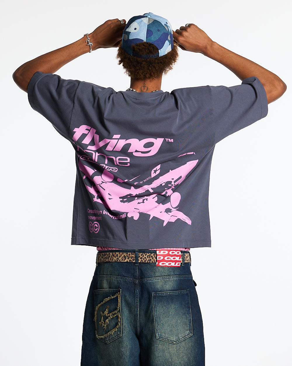 FLYING HOME TEE INDIA INK - dark navy graphic print tee, back view on male model - Cold Culture #man