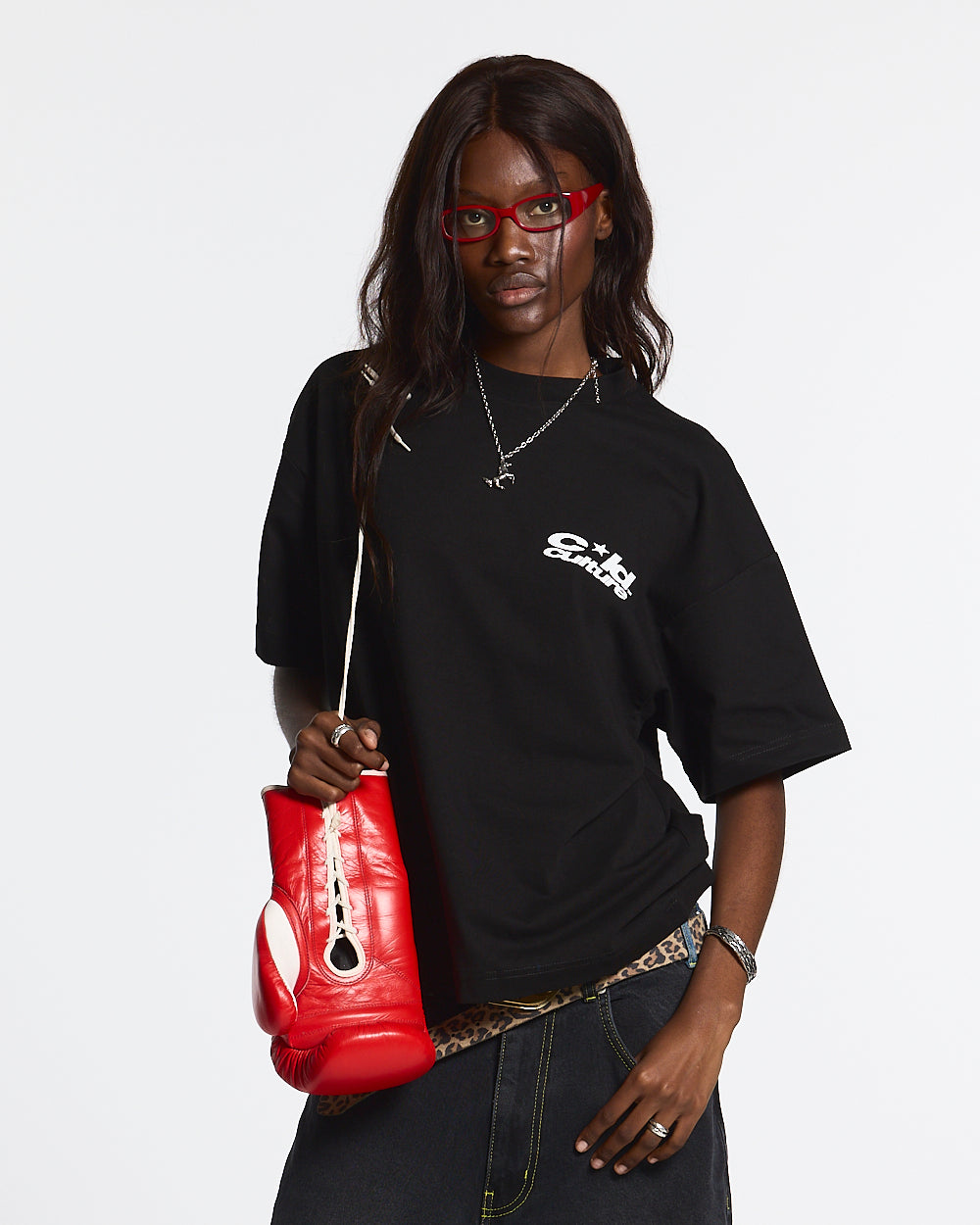 HEART ASHTRAY TEE BLACK - black graphic print tee, front view on female model - Cold Culture #woman