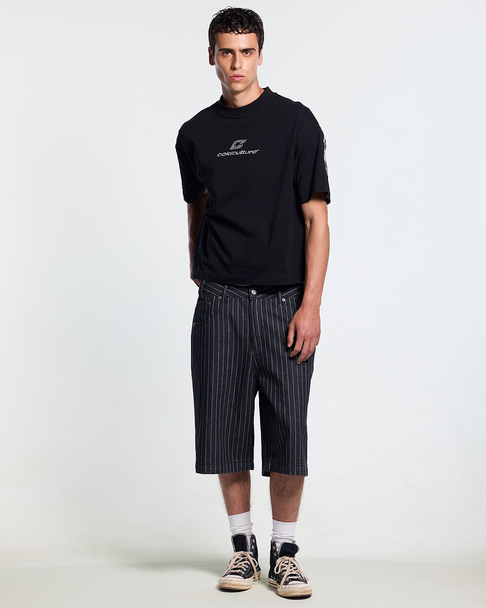 TARTAN DISTRESS CURVED TEE BLACK - black distressed print tee, front view on male model - Cold Culture #man