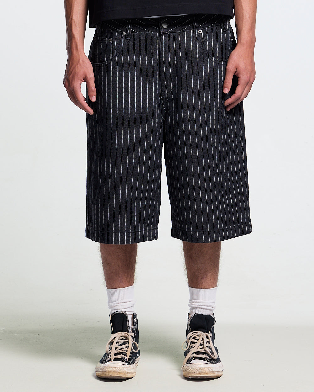 CASINO SHORT BLACK - black pinstripe shorts, front view on male model - Cold Culture