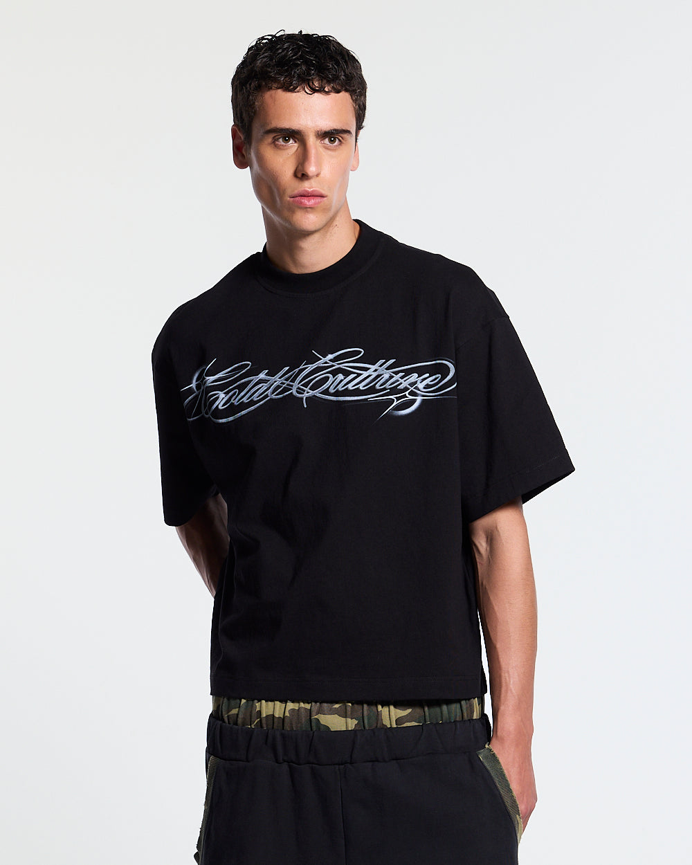 METAL SCRIPT TEE BLACK - black script print tee, front view on male model - Cold Culture #man