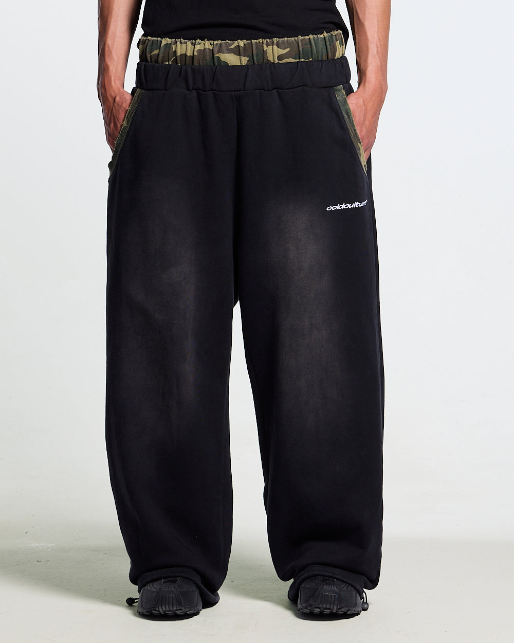 BLACK OPS SWEATPANTS BLACK - washed black sweatpants, front view on male model - Cold Culture
