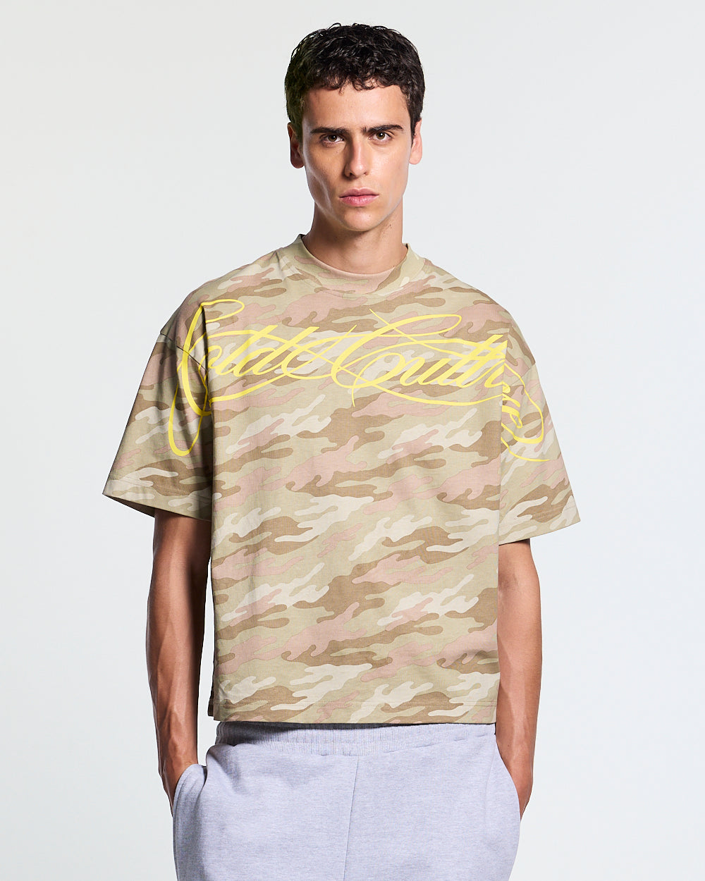 CROSSED SCRIPT TEE CAMO - beige camo tee, front view on male model - Cold Culture #man