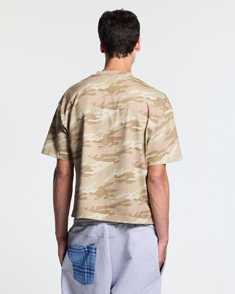 CROSSED SCRIPT TEE CAMO - beige camo tee, back view on male model - Cold Culture #man