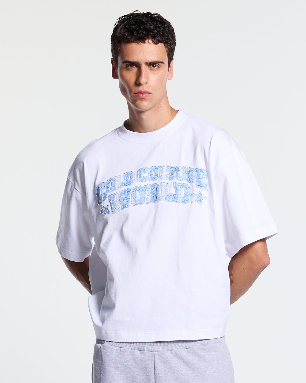 HUNTER TEE WHITE - white graphic print tee, front view on male model - Cold Culture #man