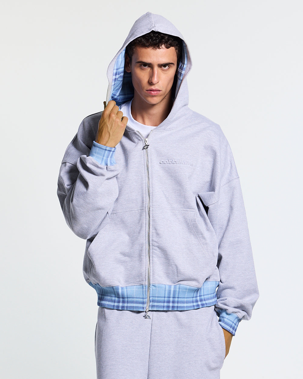 TAKE A PEAK ZIP HOODIE HEATHER GREY - grey zip-up hoodie with plaid trim, front view on male model - Cold Culture #man