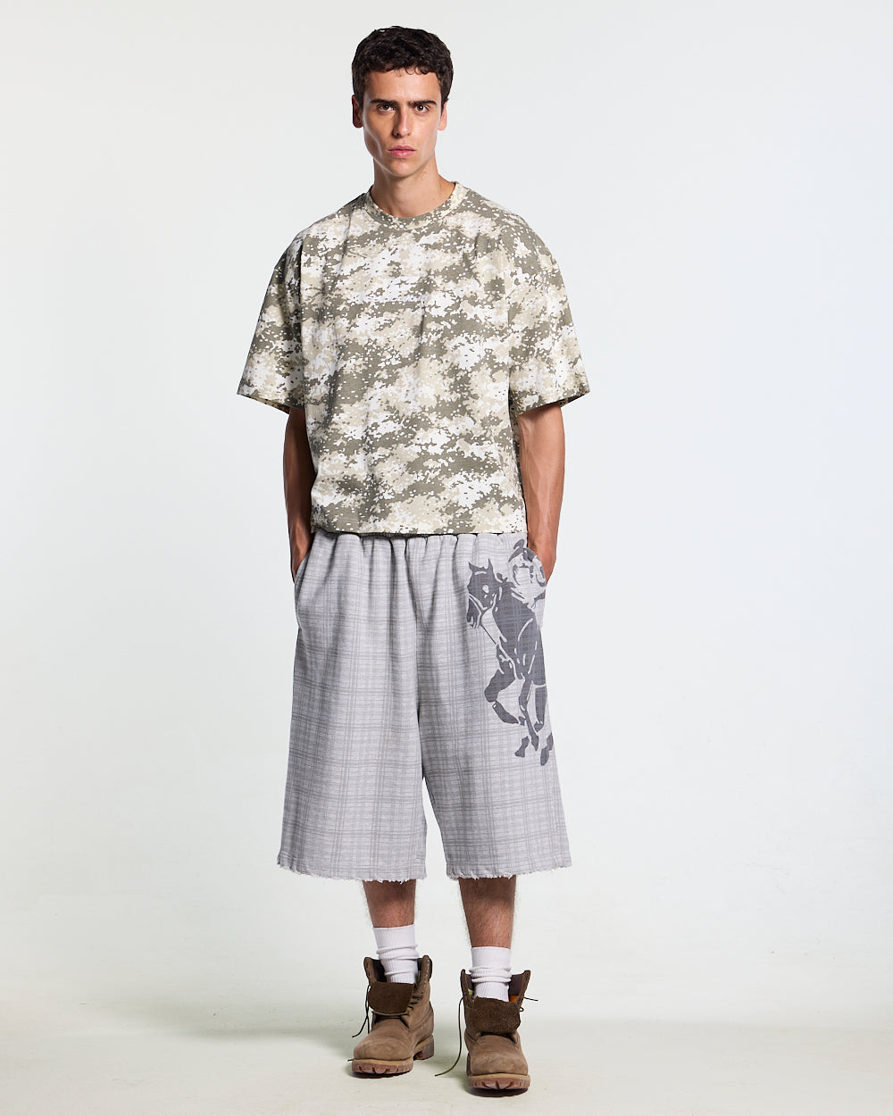 GROUND CURVED TEE GREEN - green digital camo tee, front view on male model - Cold Culture #man