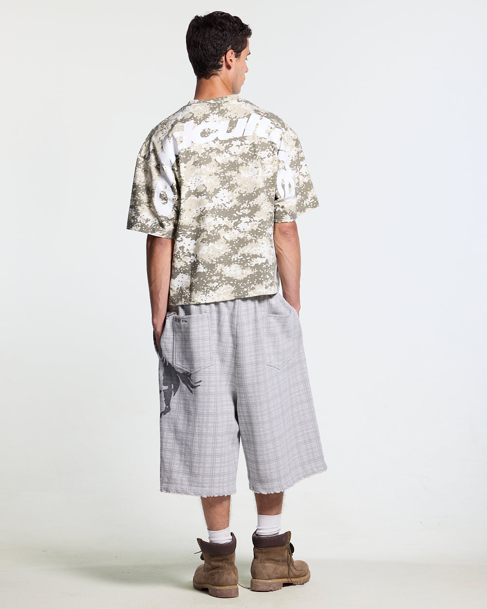 GROUND CURVED TEE GREEN - green digital camo tee, back view on male model - Cold Culture #man