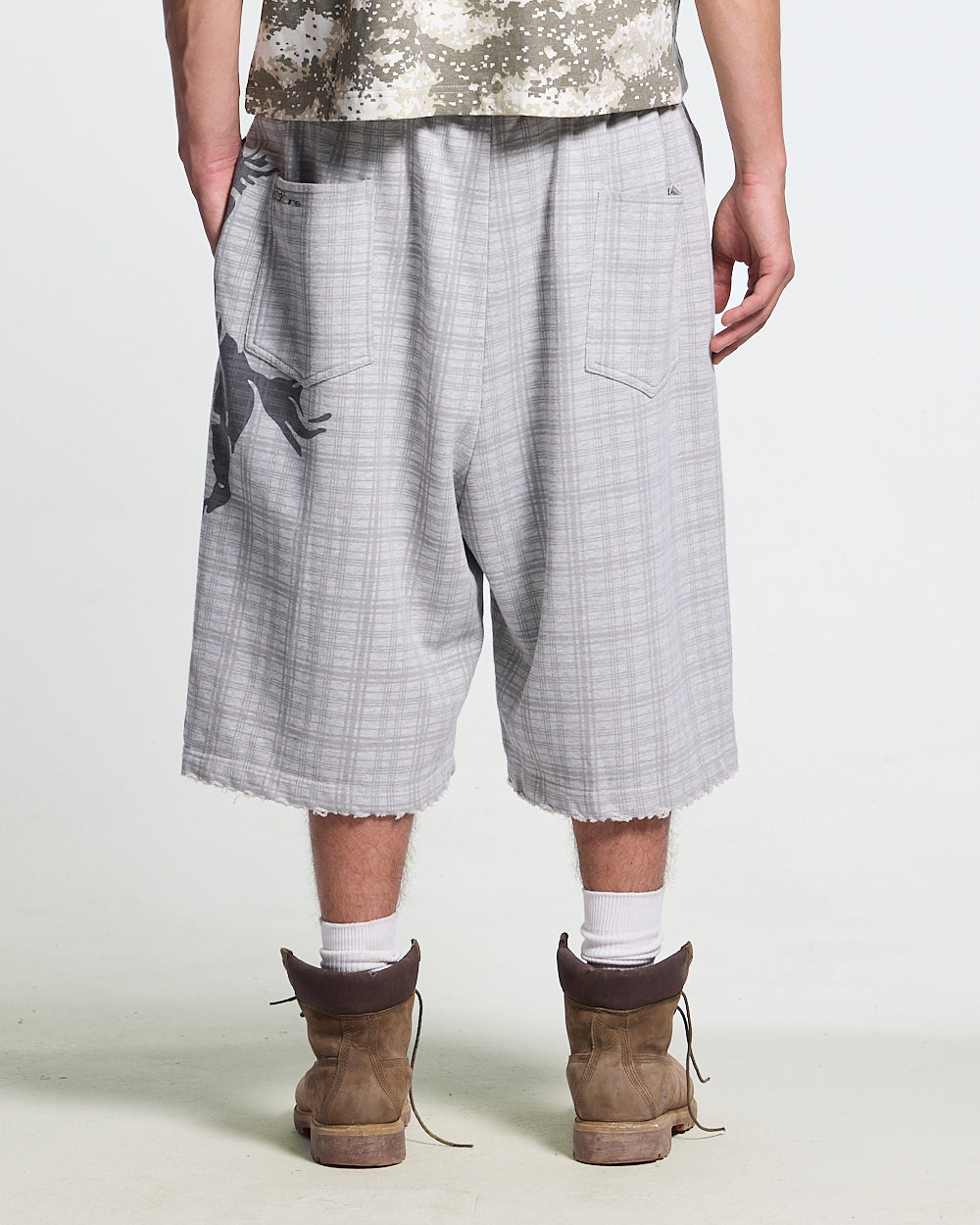 NOVEL SHORT SWEATPANTS GREY - grey plaid sweat shorts, worn detail - Cold Culture