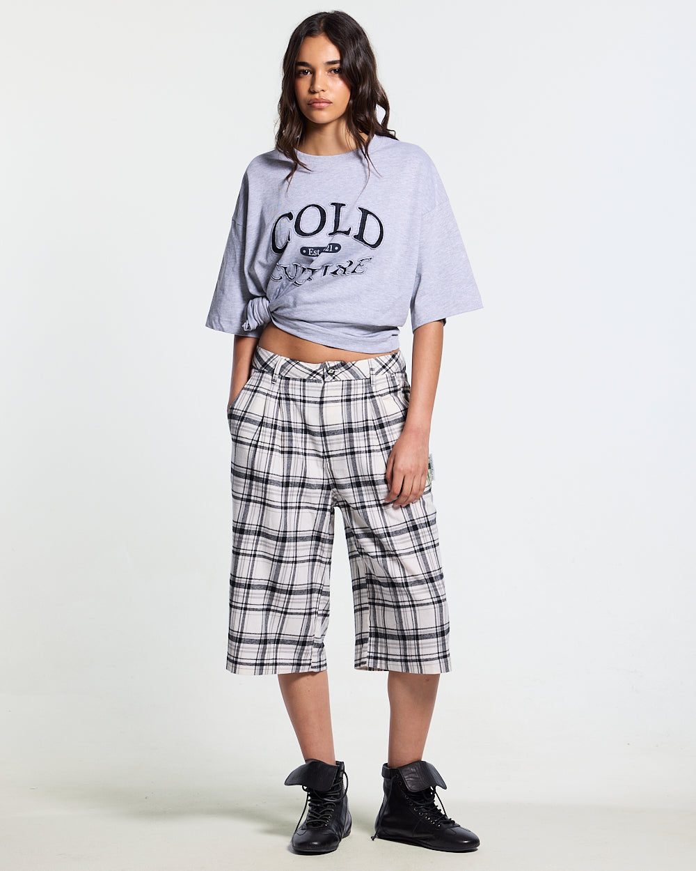 DINING CHECK JORTS BLACK - black and white checkered shorts, front view on female model - Cold Culture #woman