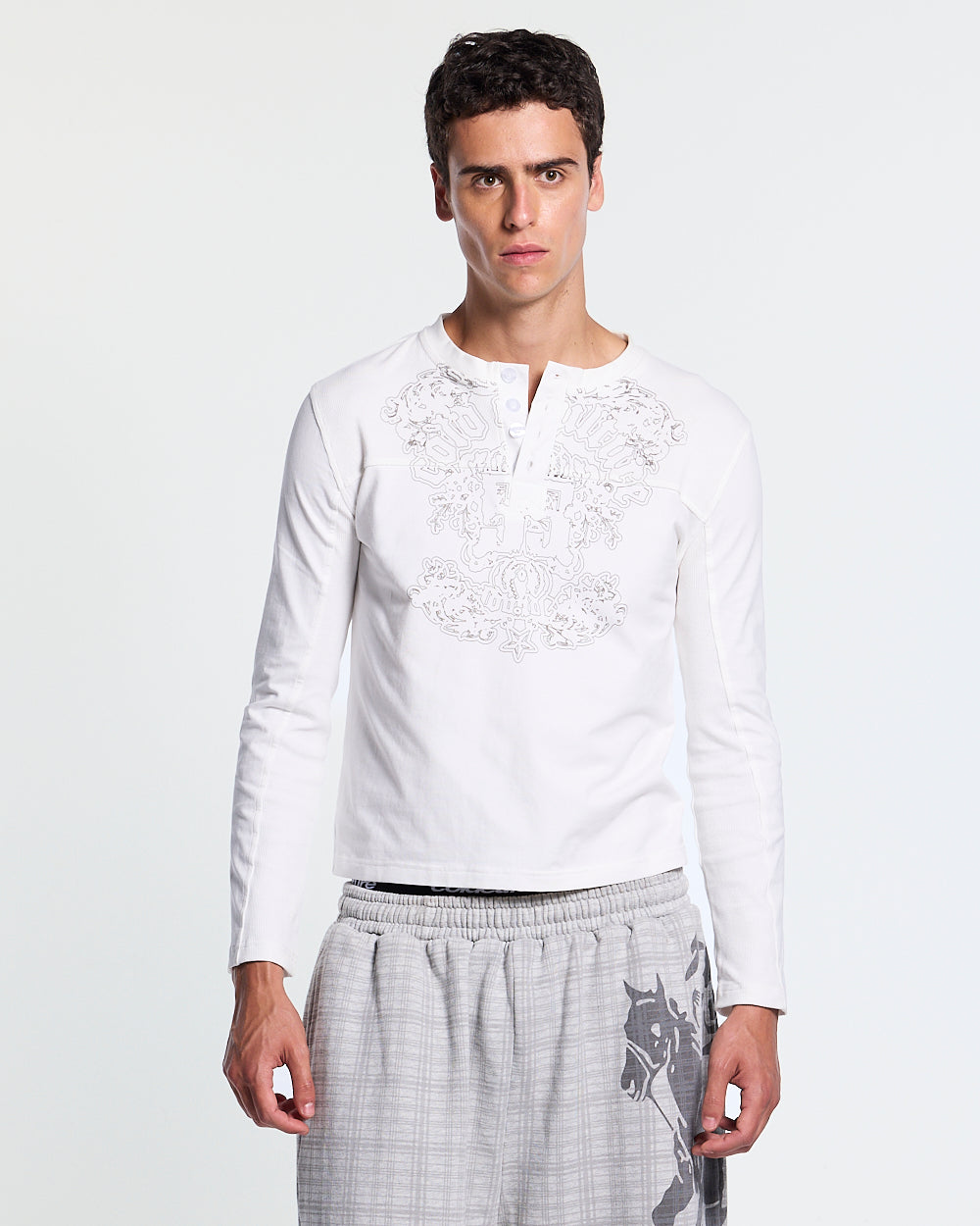 IDENTITY LONGSLEEVE WHITE - white embroidered longsleeve tee, front view on male model - Cold Culture #man
