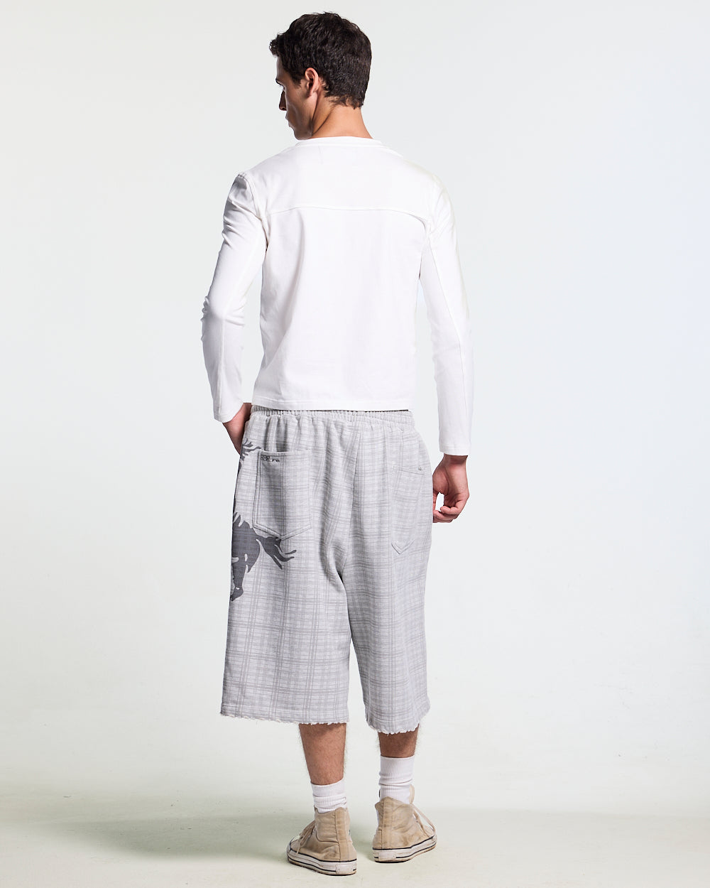 IDENTITY LONGSLEEVE WHITE - white embroidered longsleeve tee, back view on male model - Cold Culture #man