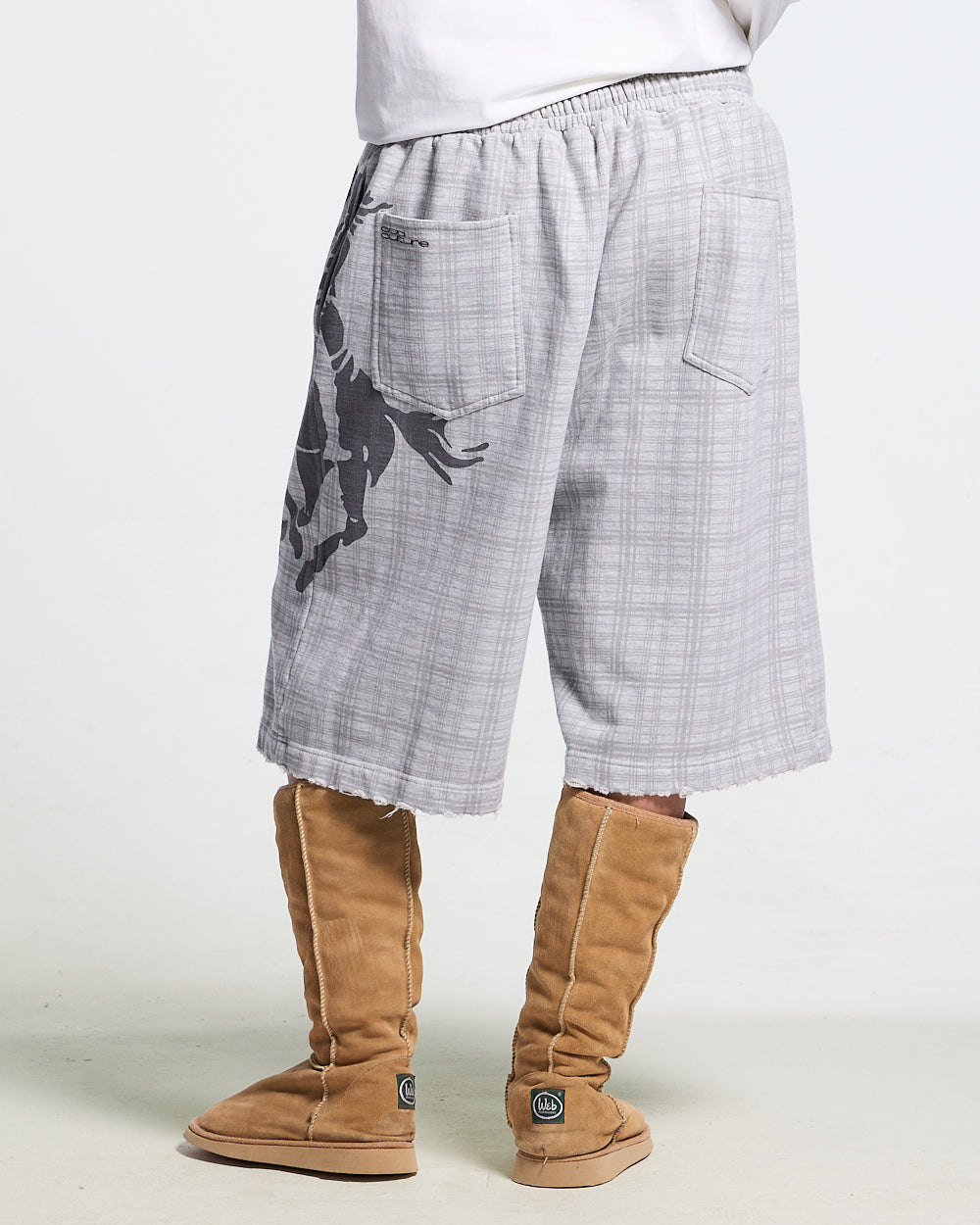 NOVEL SHORT SWEATPANTS GREY - grey plaid sweat shorts, worn detail - Cold Culture