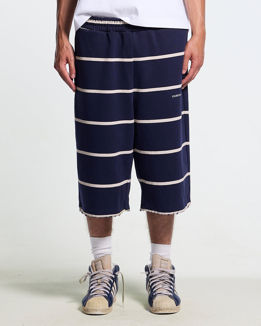 STALLION SHORT SWEATPANTS NAVY - navy striped sweat shorts, worn detail - Cold Culture