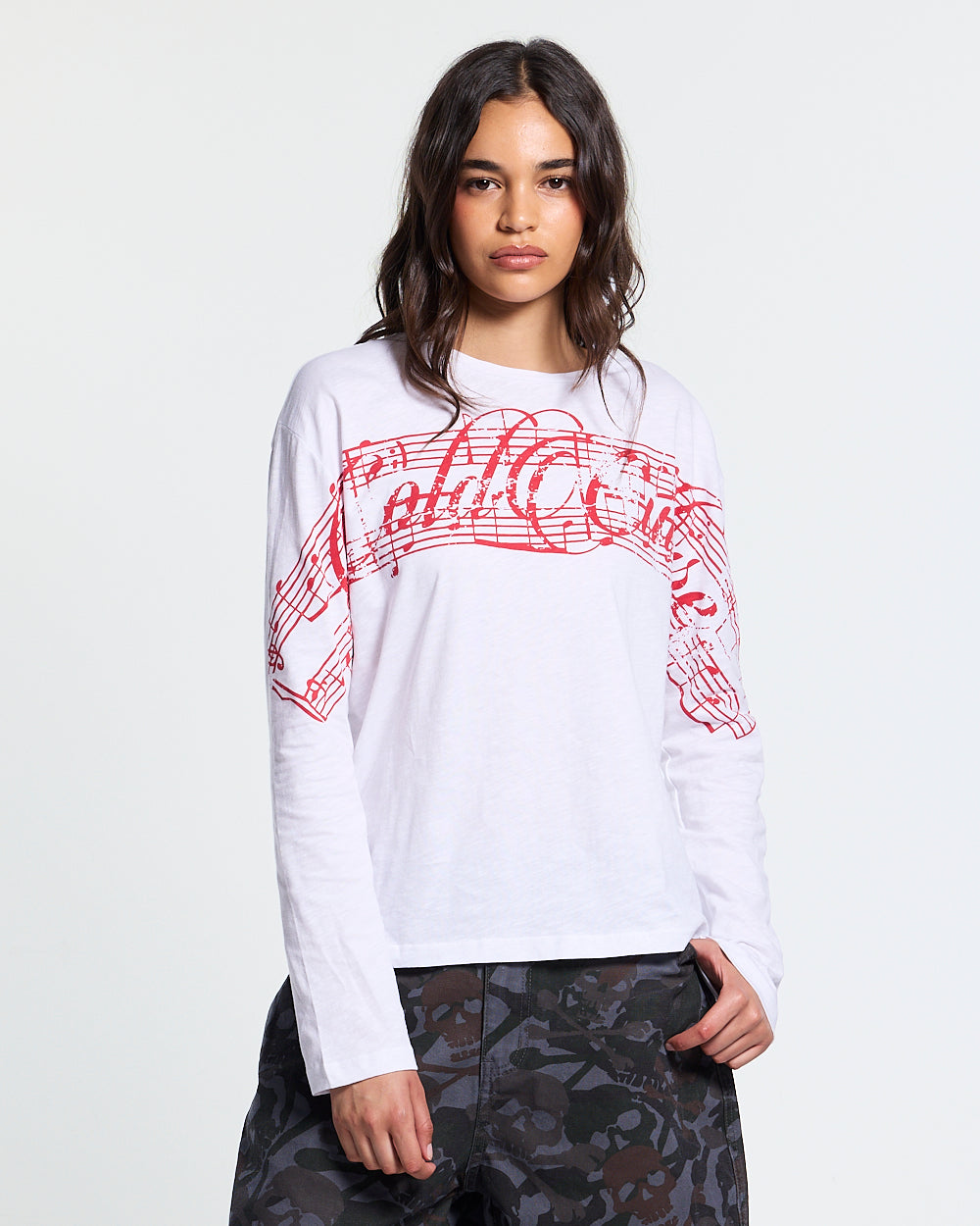 LA PARA LONGSLEEVE WHITE - white graphic print longsleeve tee, front view on female model - Cold Culture #woman