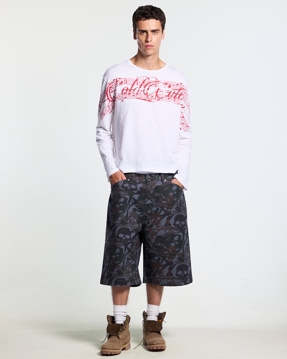 LA PARA LONGSLEEVE WHITE - white graphic print longsleeve tee, front view on male model - Cold Culture #man