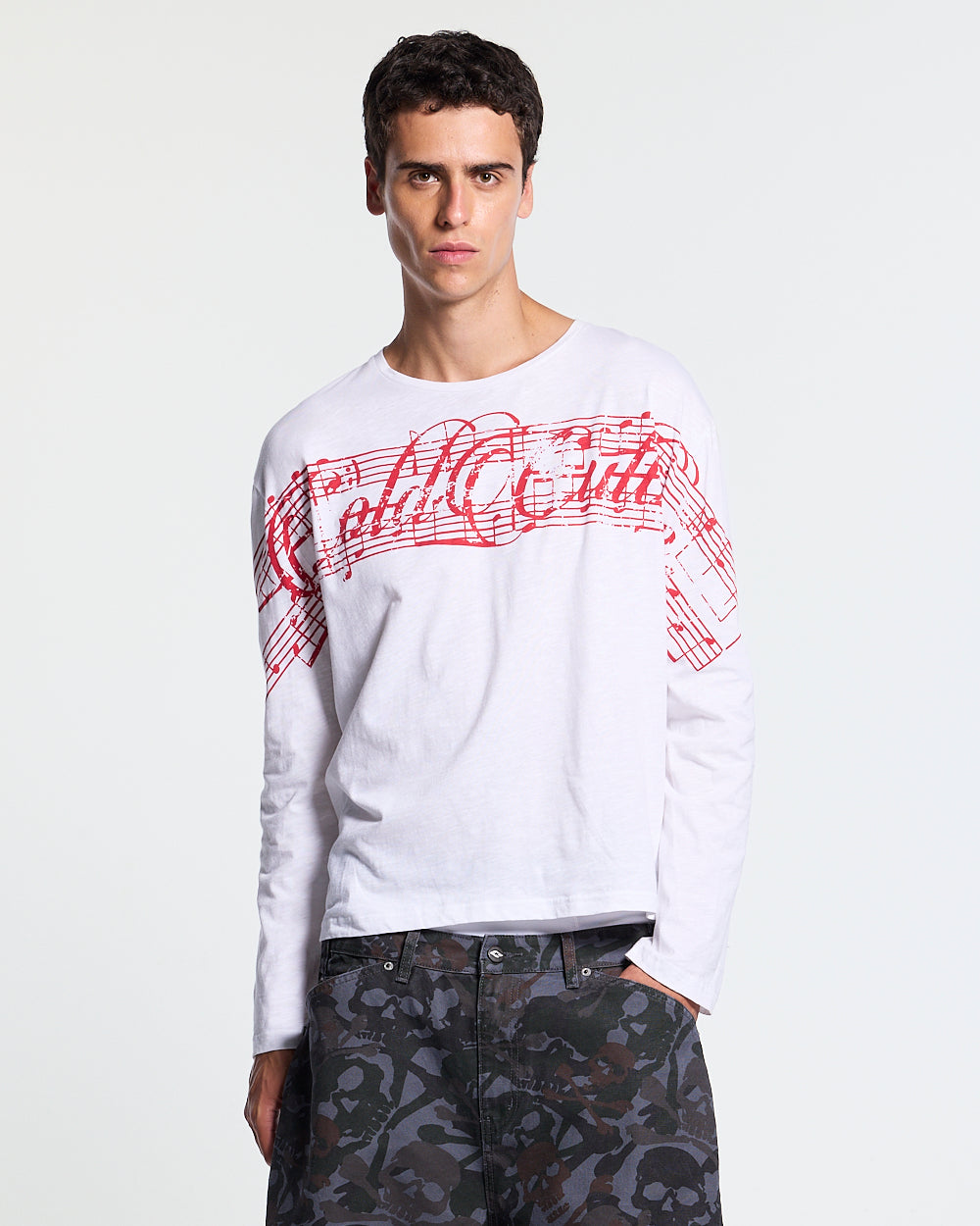 LA PARA LONGSLEEVE WHITE - white graphic print longsleeve tee, front view on male model - Cold Culture #man