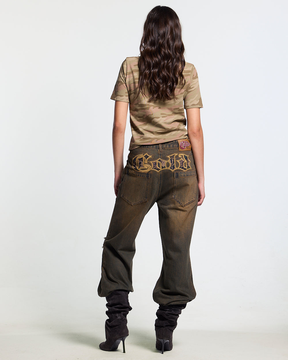 CAMO CLUB POLO - beige camo polo shirt, back view on female model - Cold Culture #woman