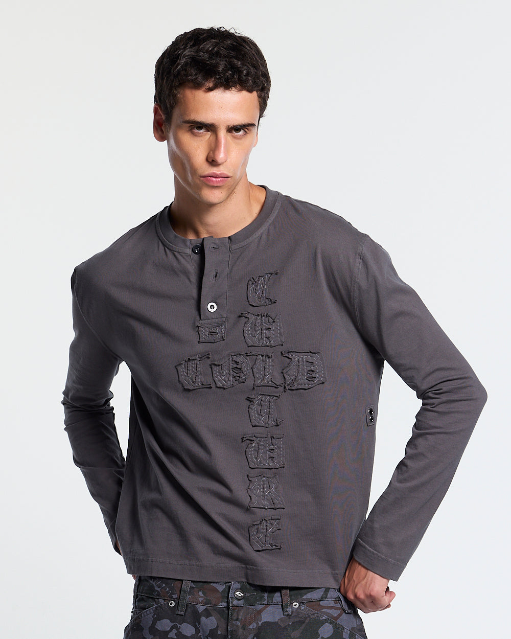 RAW STATE LONGSLEEVE GREY - grey henley longsleeve tee, front view on male model - Cold Culture #man