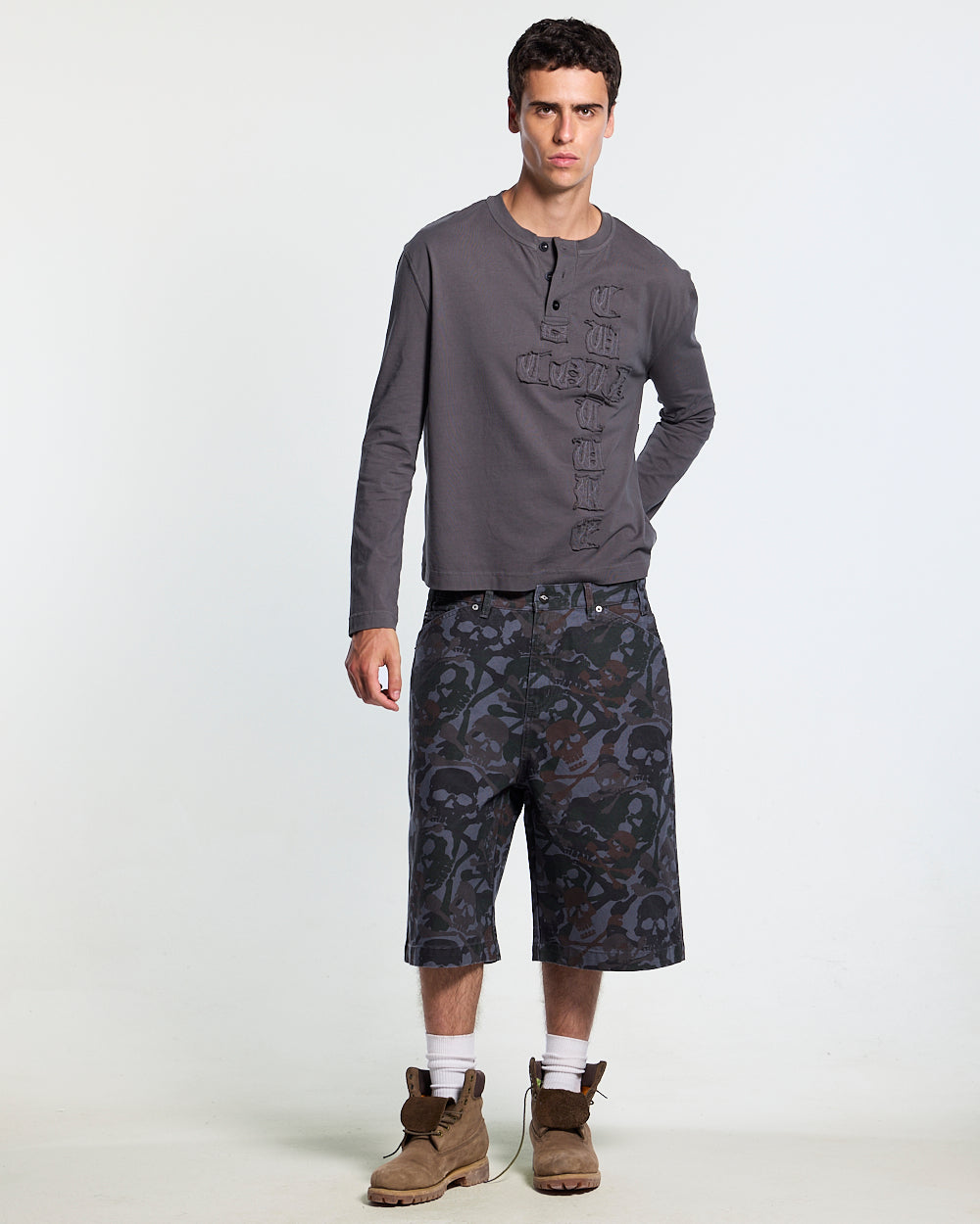 RAW STATE LONGSLEEVE GREY - grey henley longsleeve tee, front view on male model - Cold Culture #man