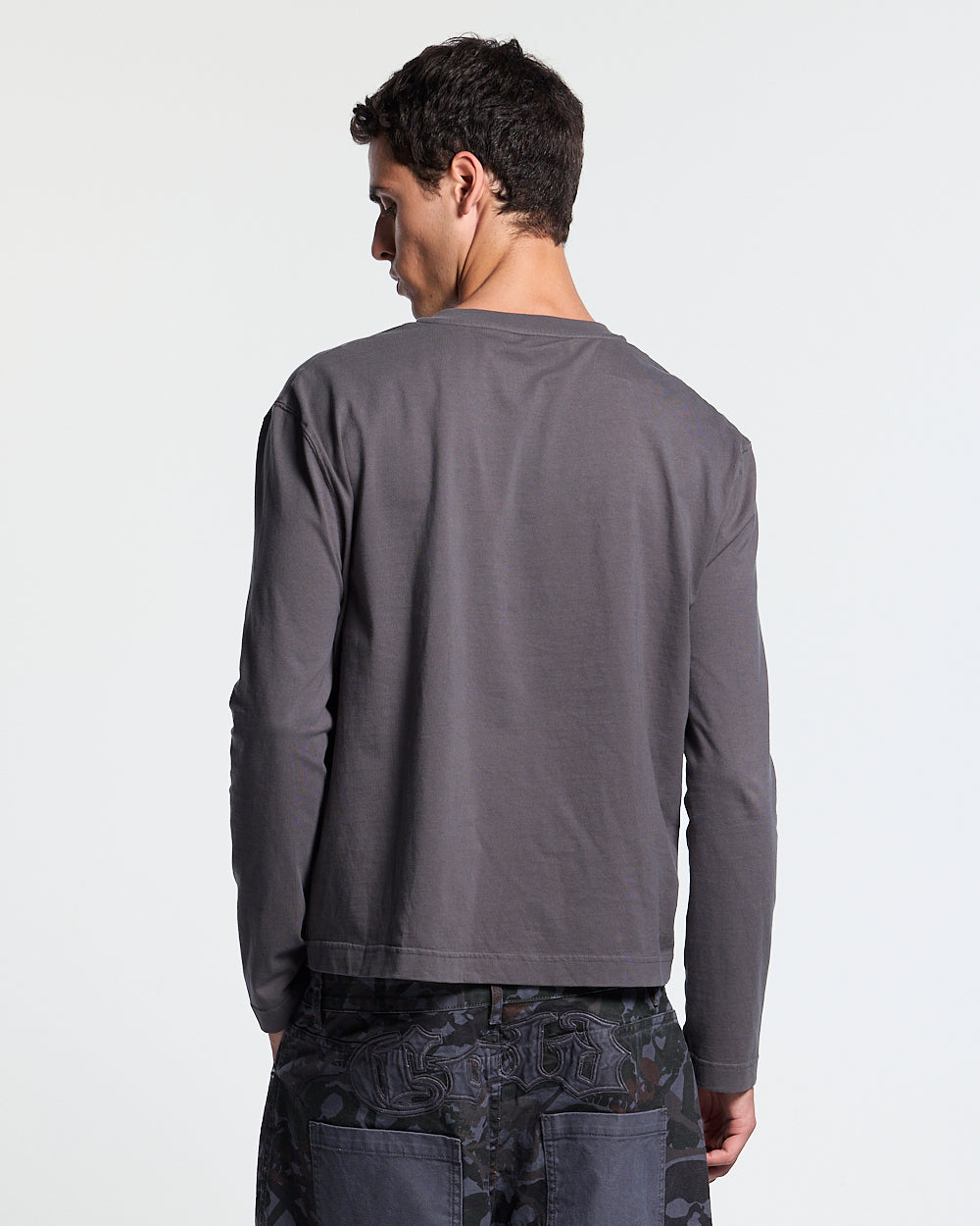 RAW STATE LONGSLEEVE GREY - grey henley longsleeve tee, back view on male model - Cold Culture #man